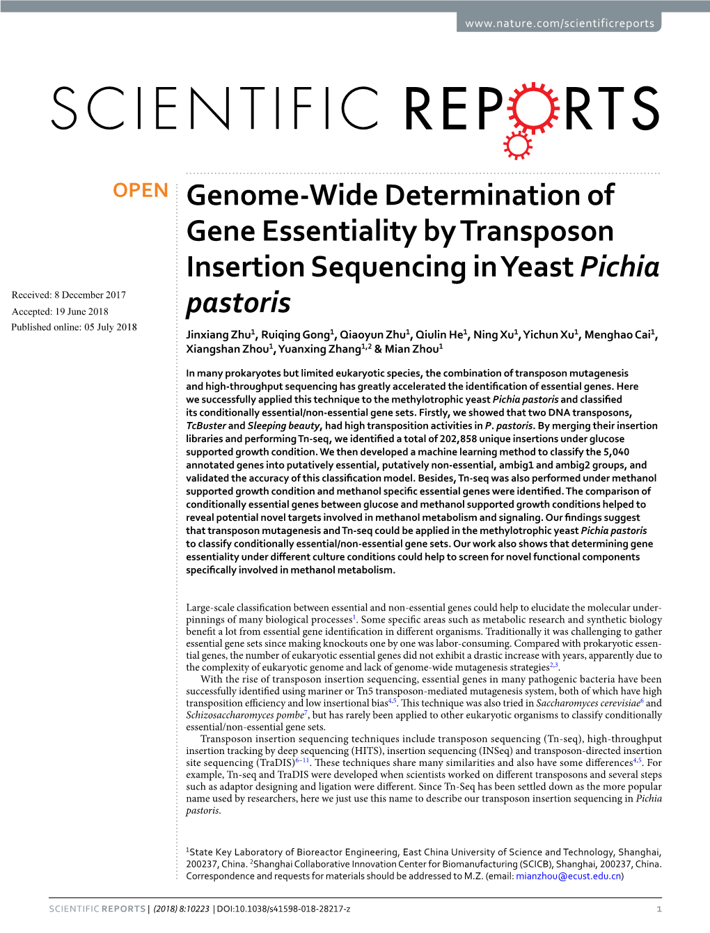 Genome-Wide Determination of Gene Essentiality by Transposon Insertion Sequencing in Yeast Pichia Pastoris