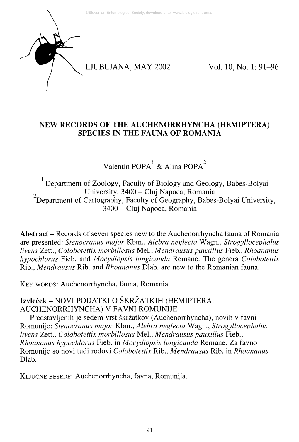 (HEMIPTERA) SPECIES in the FAUNA of ROMANIA Valenti