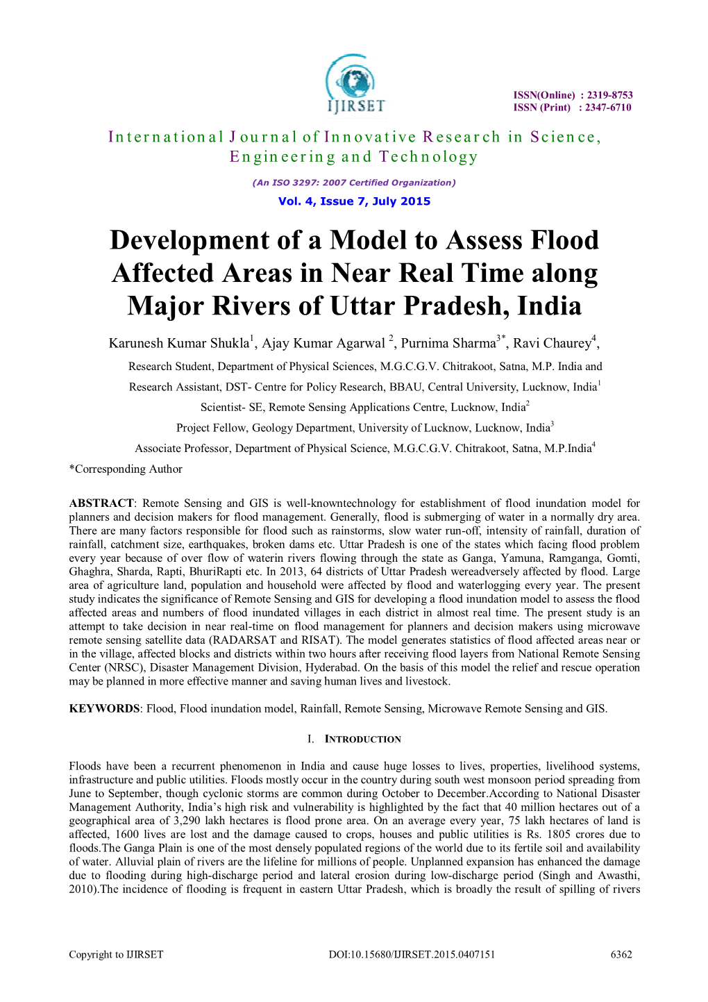 Development of a Model to Assess Flood Affected Areas in Near Real Time Along Major Rivers of Uttar Pradesh, India