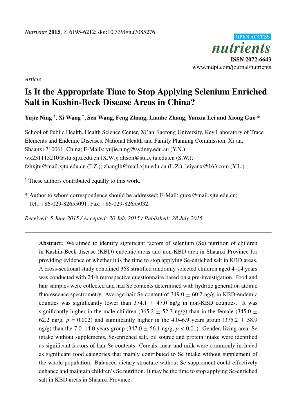 Is It the Appropriate Time to Stop Applying Selenium Enriched Salt in Kashin-Beck Disease Areas in China?