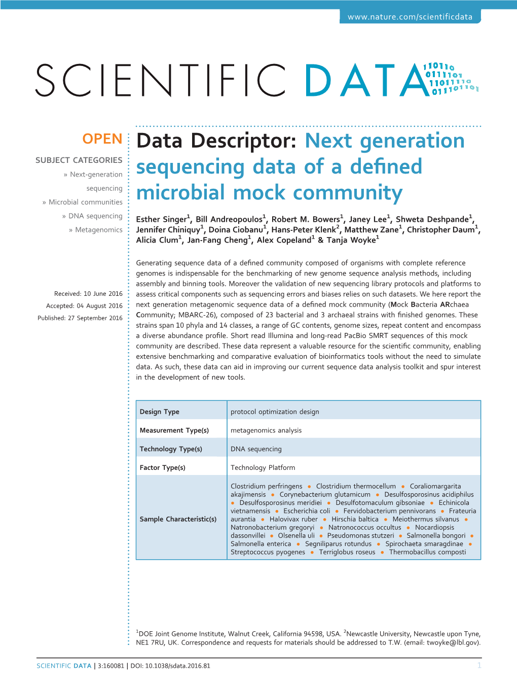 Next Generation Sequencing Data of a Defined Microbial