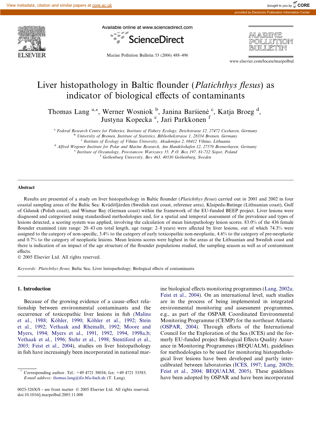 Liver Histopathology in Baltic Flounder