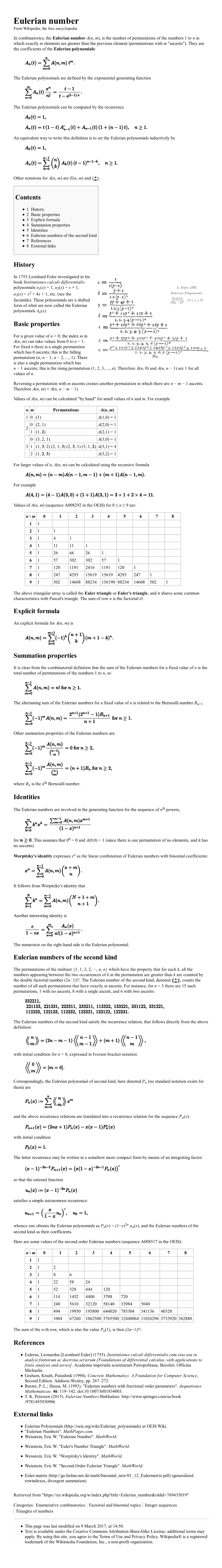 In Combinatorics, the Eulerian Number A(N, M), Is the Number of Permutations of the Numbers 1 to N in Which Exactly M Elements A