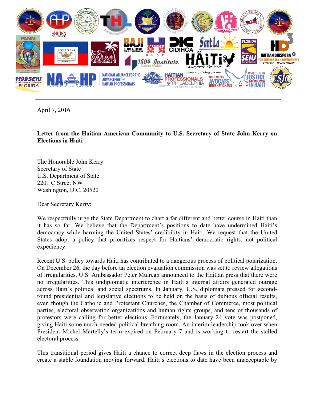Letter from the Haitian-American Community to U.S. Secretary of State John Kerry on Elections in Haiti