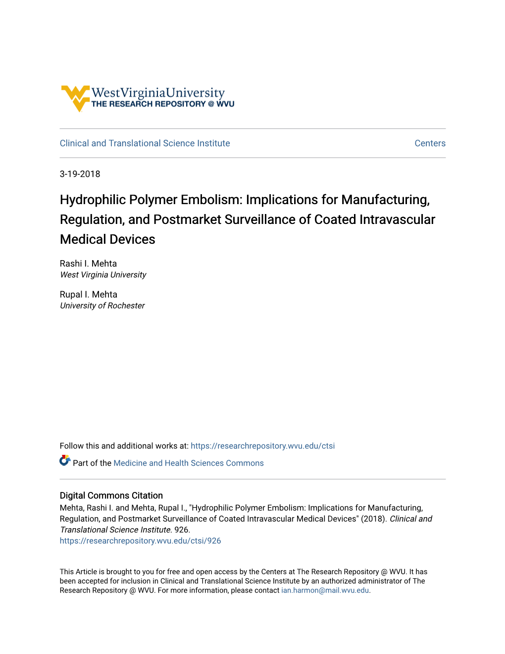 Hydrophilic Polymer Embolism: Implications for Manufacturing, Regulation, and Postmarket Surveillance of Coated Intravascular Medical Devices