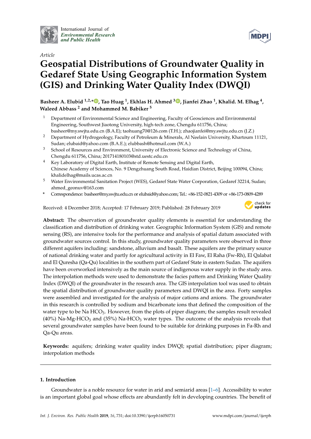 Geospatial Distributions of Groundwater Quality in Gedaref State Using Geographic Information System (GIS) and Drinking Water Quality Index (DWQI)