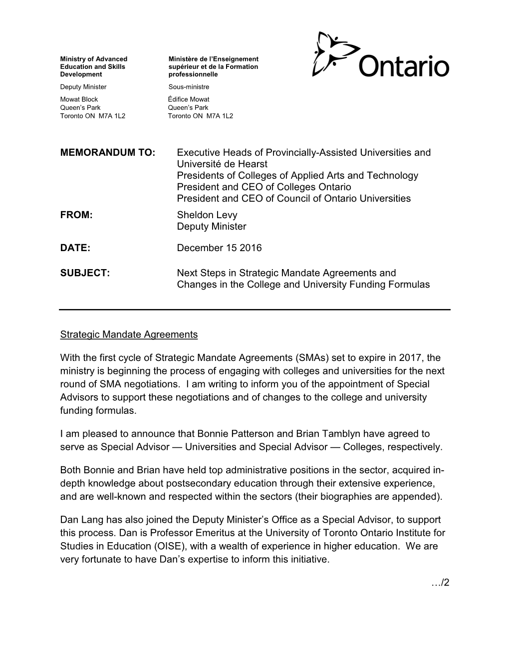 Next Steps in Strategic Mandate Agreements and Changes in the College and University Funding Formulas