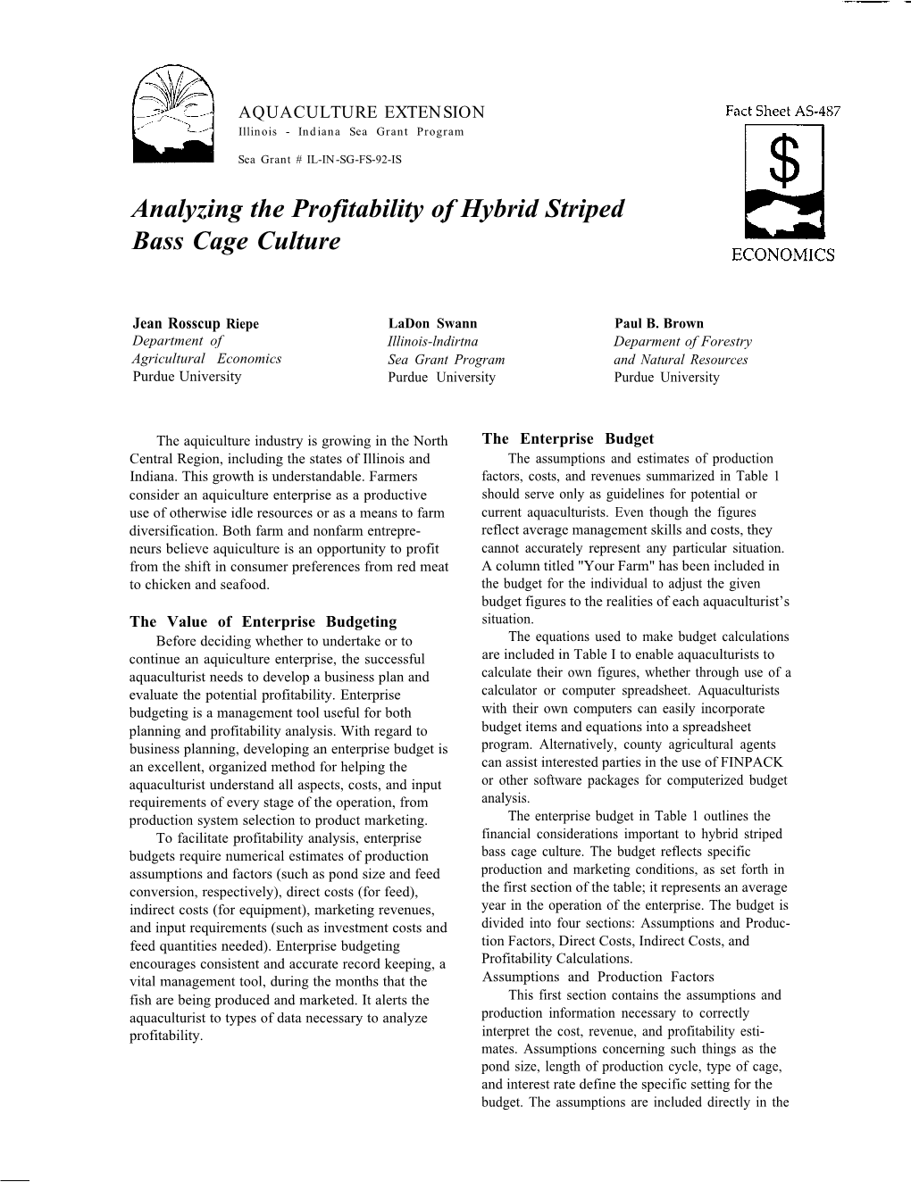 Analyzing the Profitability of Hybrid Striped . Bass Cage Culture