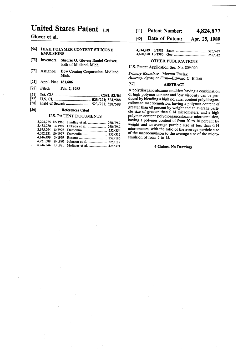 United States Patent (19) 11 Patent Number: 4,824,877 Glover Et Al