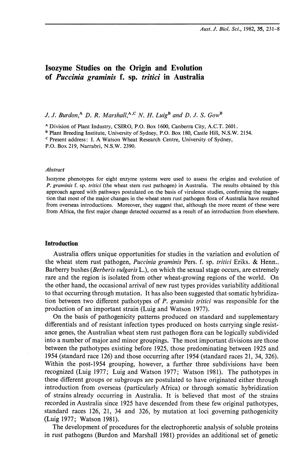 Isozyme Studies on the Origin and Evolution of Puccinia Graminis F