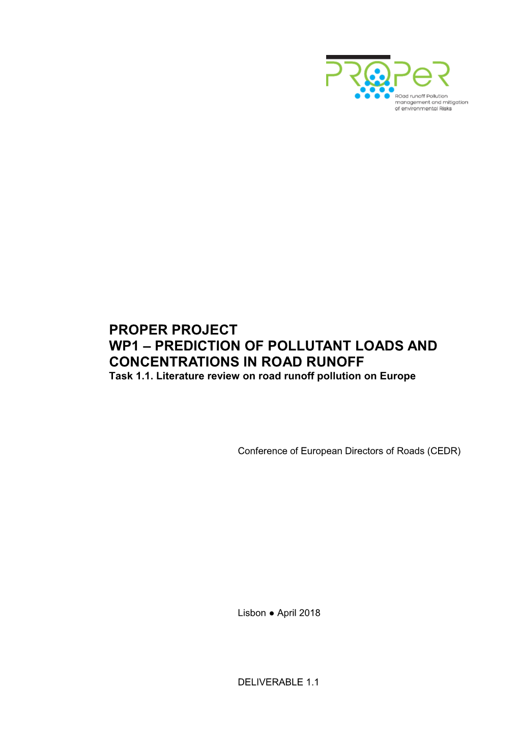 PREDICTION of POLLUTANT LOADS and CONCENTRATIONS in ROAD RUNOFF Task 1.1