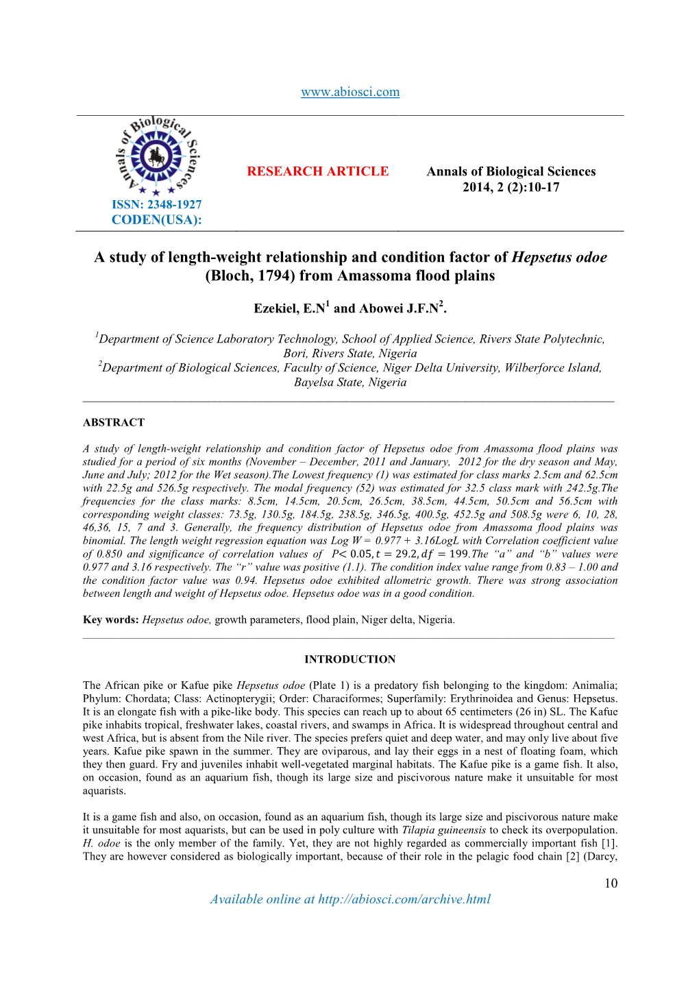 A Study of Length-Weight Relationship and Condition Factor of Hepsetus Odoe (Bloch, 1794) from Amassoma Flood Plains