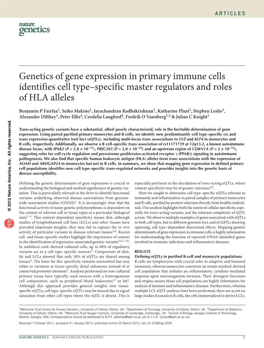 Genetics of Gene Expression in Primary Immune Cells Identifies Cell