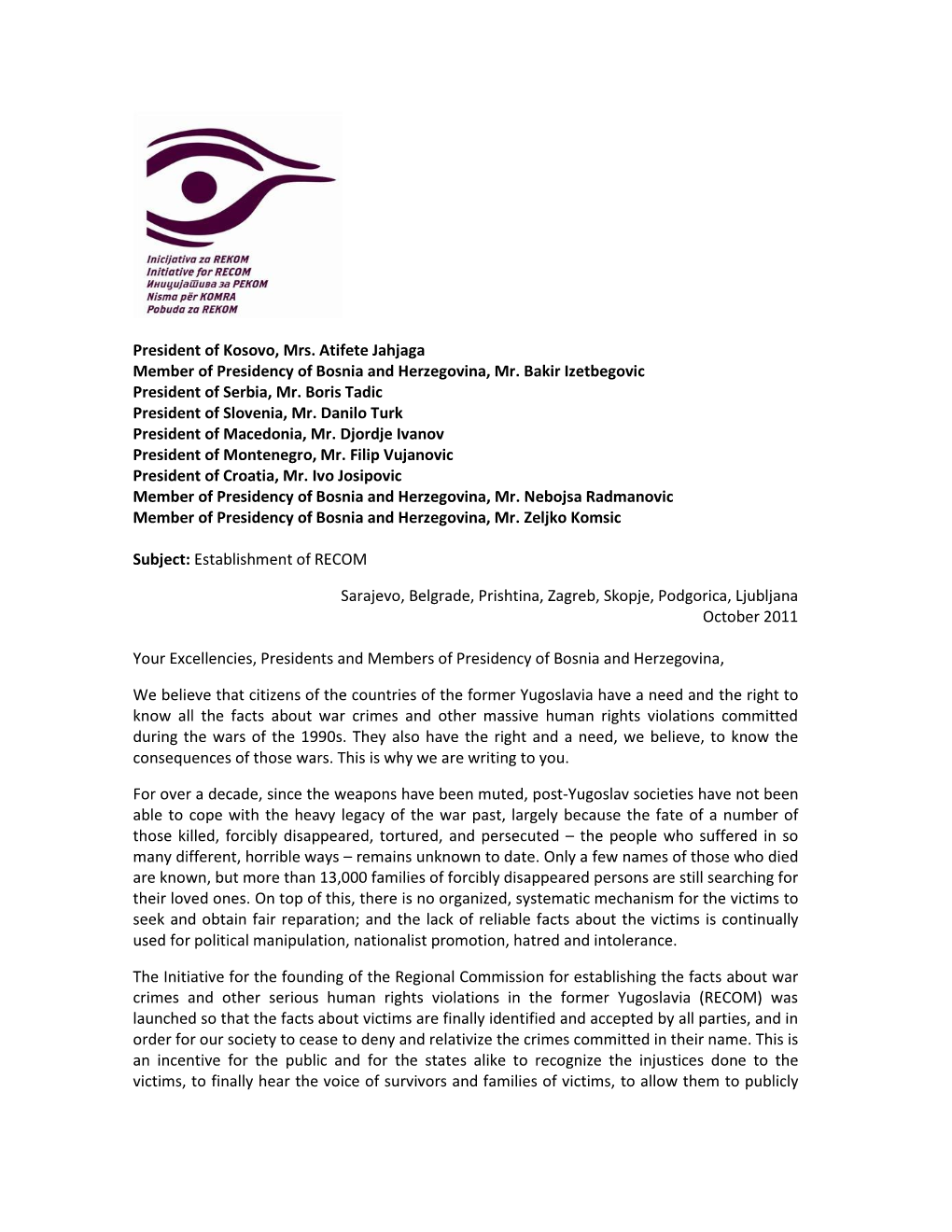 The Letter of Support to the Initiative For