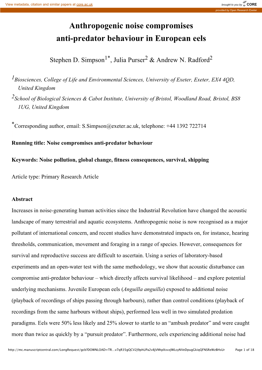 Anthropogenic Noise Compromises Anti-Predator Behaviour in European Eels