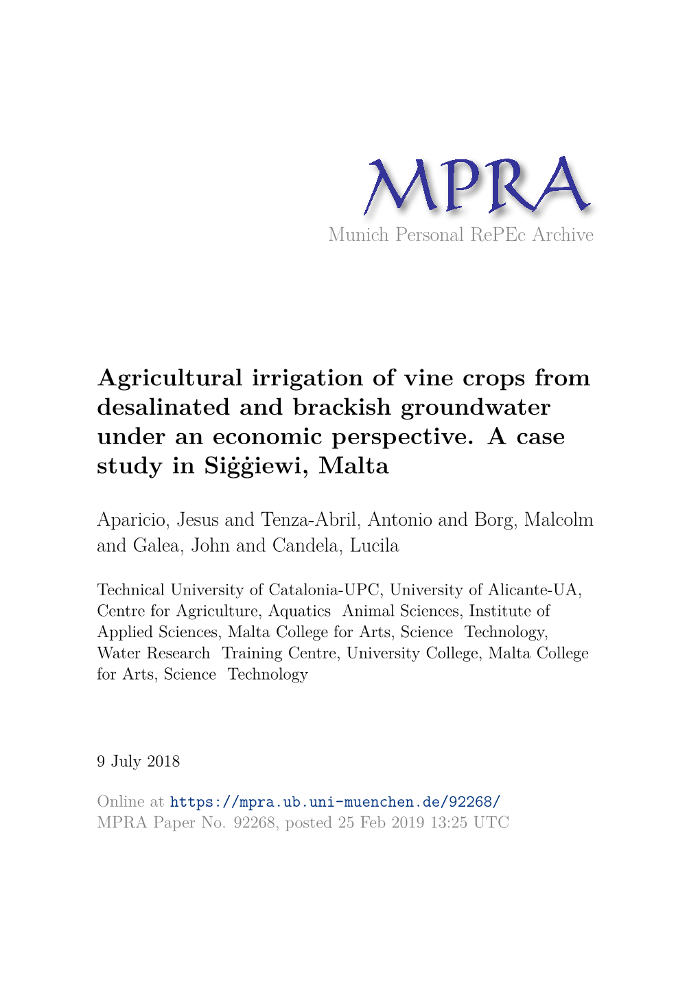 Agricultural Irrigation of Vine Crops from Desalinated and Brackish Groundwater Under an Economic Perspective. a Case Study in Sig˙Giewi,˙ Malta