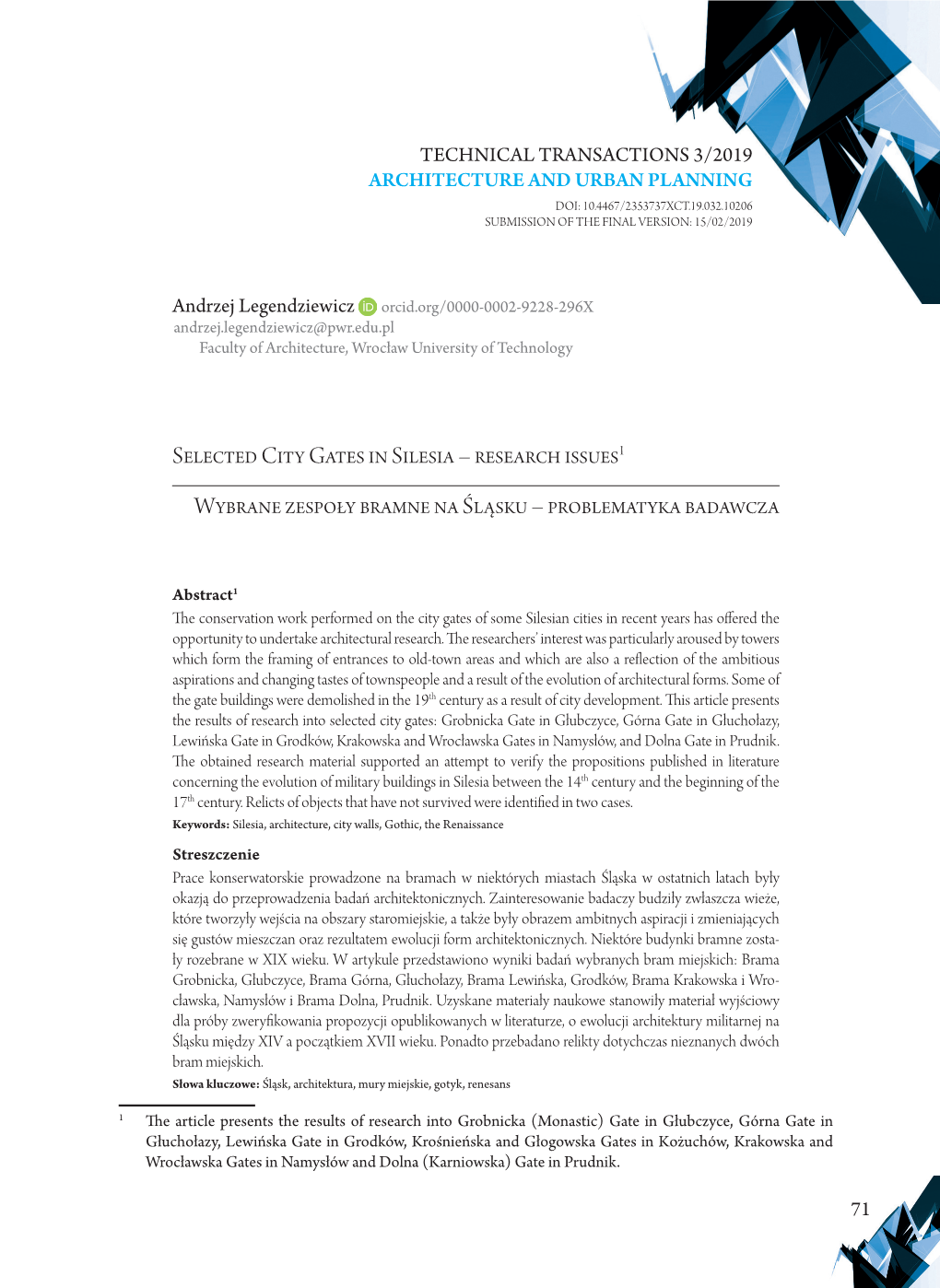 Selected City Gates in Silesia – Research Issues1 Wybrane Zespoły Bramne Na Śląsku – Problematyka Badawcza