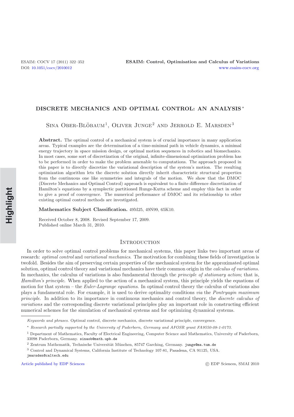 Discrete Mechanics and Optimal Control: an Analysis ∗