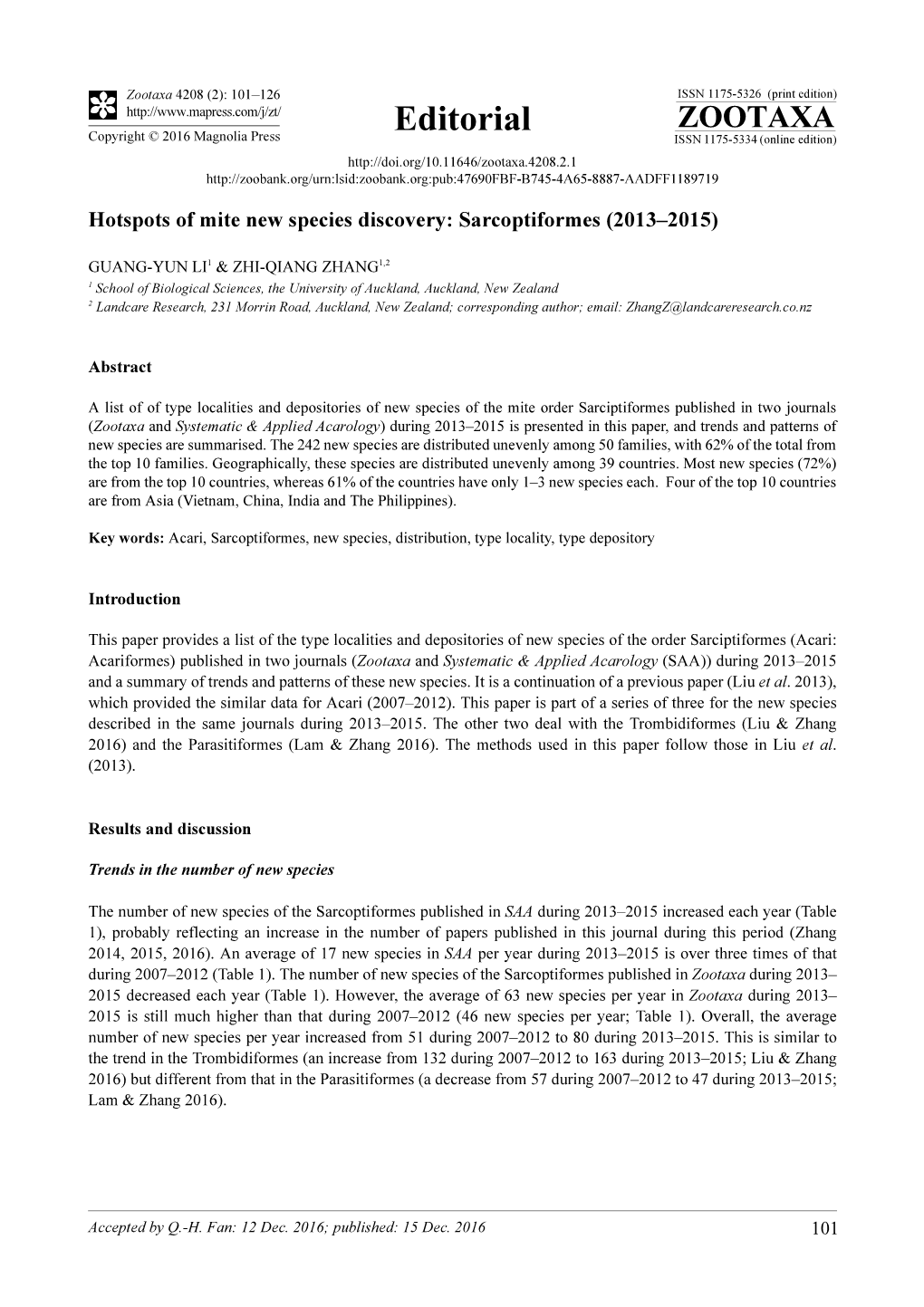 Hotspots of Mite New Species Discovery: Sarcoptiformes (2013–2015)