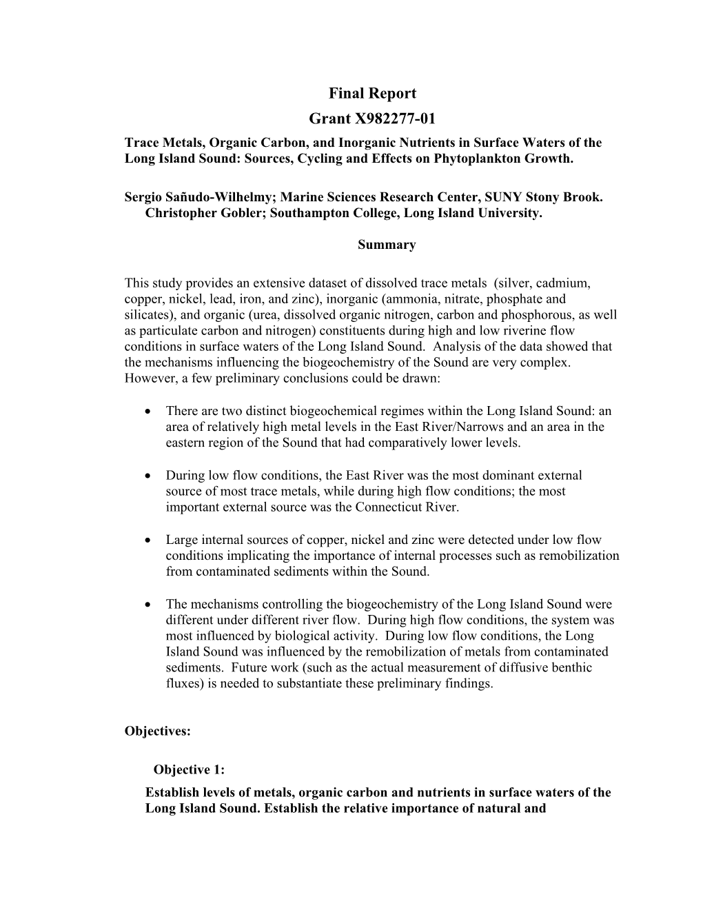 Trace Metals, Organic Carbon, and Inorganic Nutrients in Surface Waters of the Long Island Sound: Sources, Cycling and Effects on Phytoplankton Growth