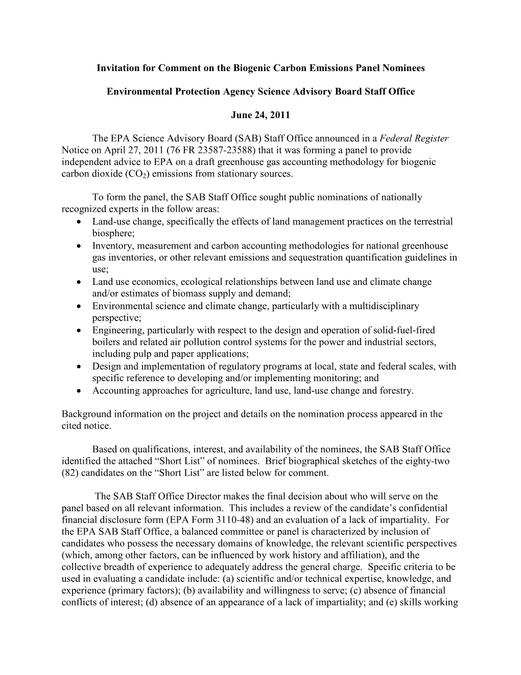 Invitation for Comment on the Biogenic Carbon Emissions Panel Nominees Environmental Protection Agency Science Advisory Board St