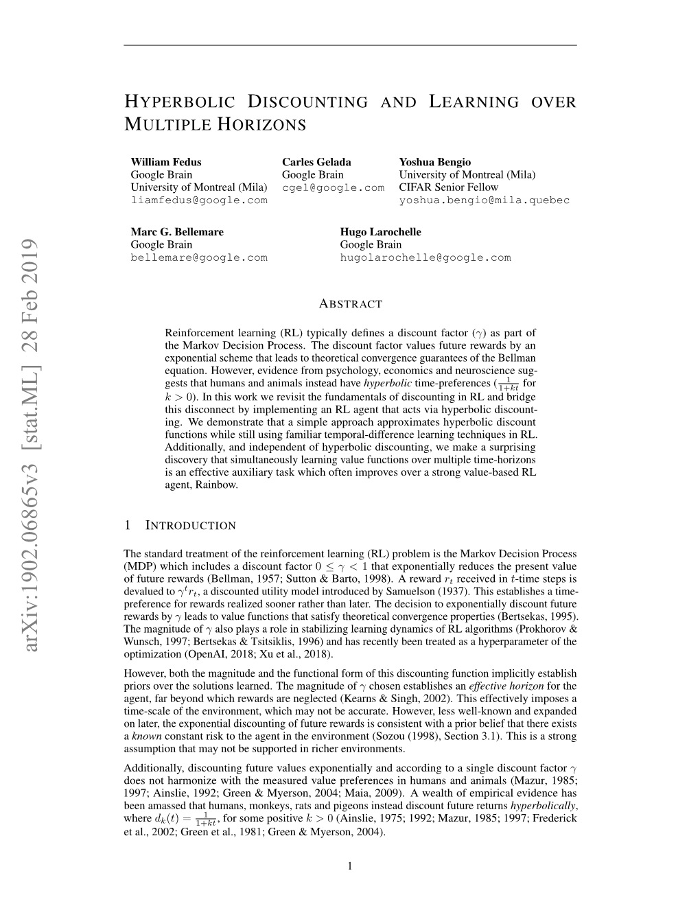 Hyperbolic Discounting and Learning Over Multiple Horizons