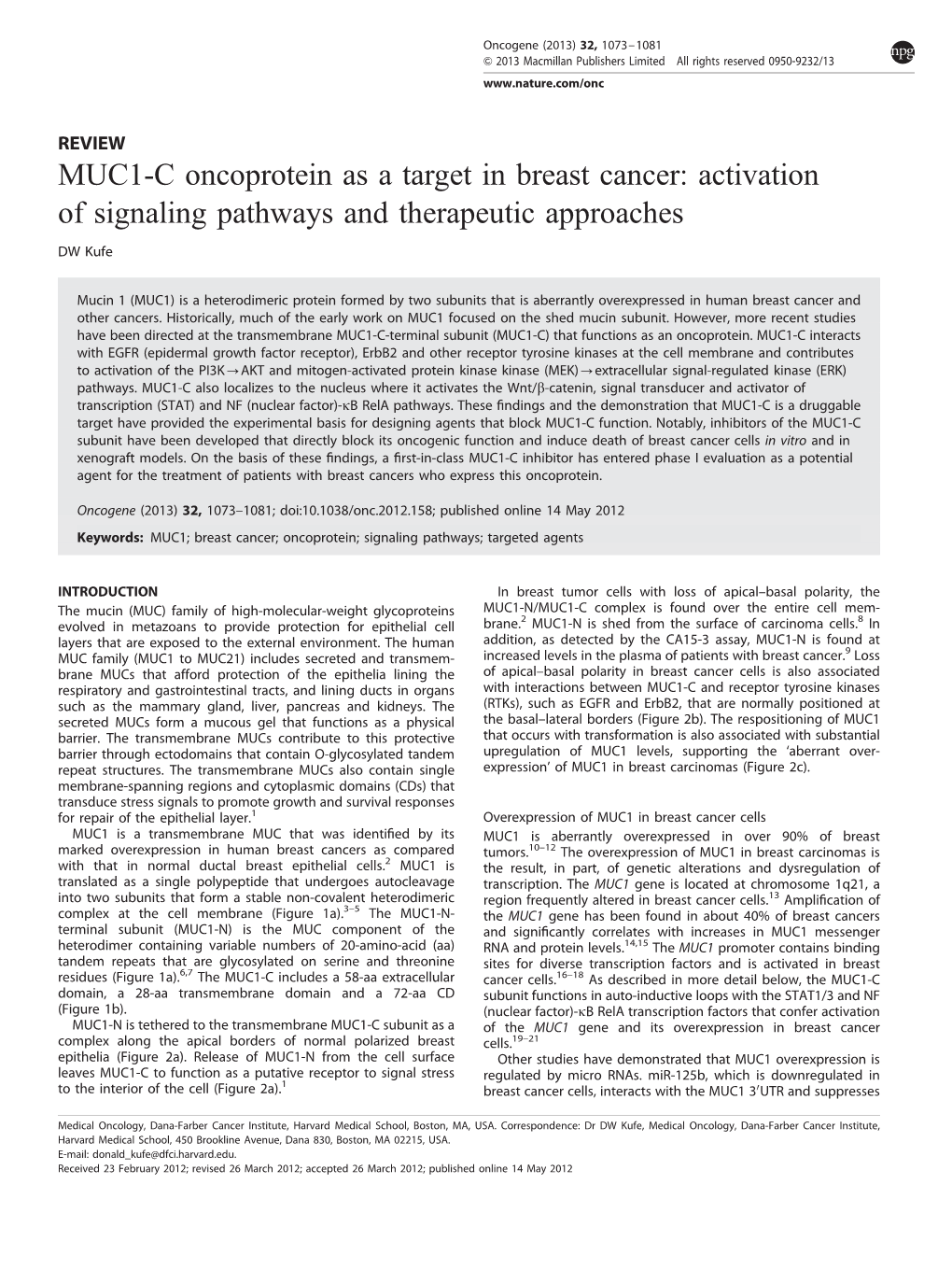 MUC1-C Oncoprotein As a Target in Breast Cancer: Activation of Signaling Pathways and Therapeutic Approaches