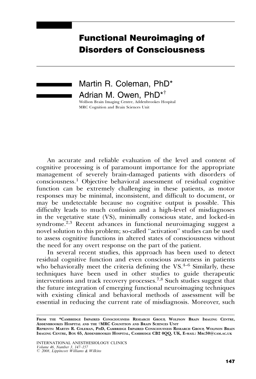 Functional Neuroimaging of Disorders of Consciousness