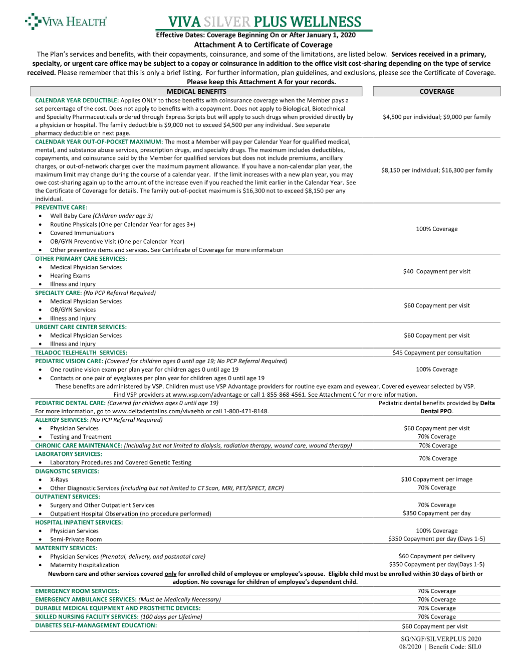 VIVA PLUS WELLNESS Effective Dates: Coverage Beginning on Or After January 1, 2020