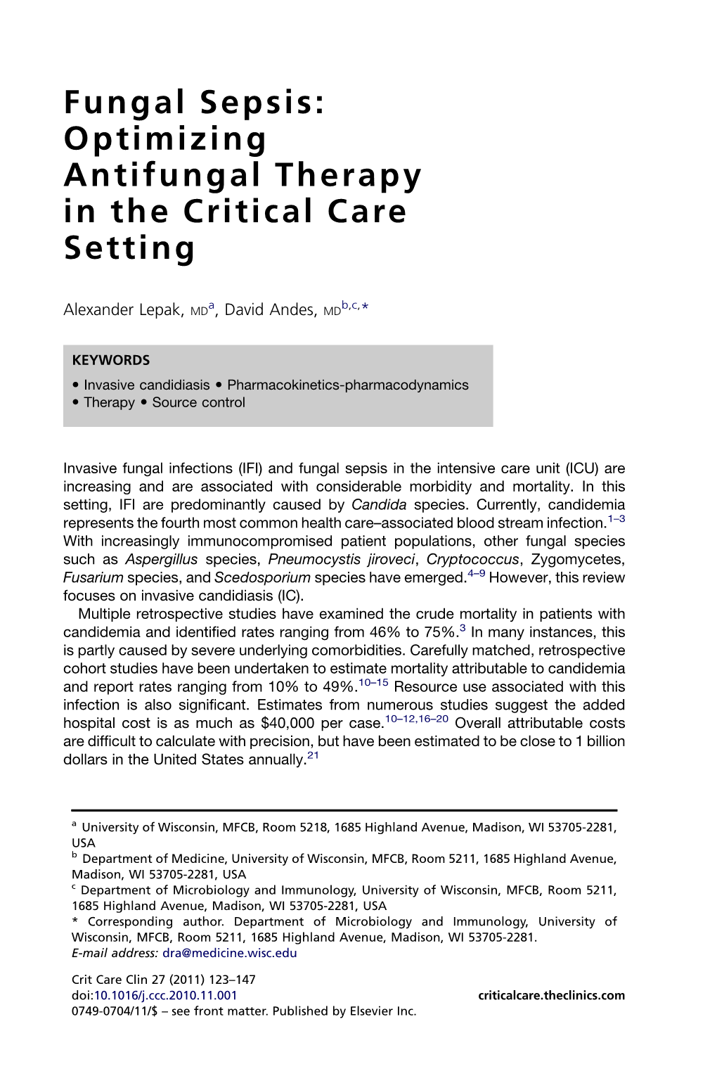 Fungal Sepsis: Optimizing Antifungal Therapy in the Critical Care Setting