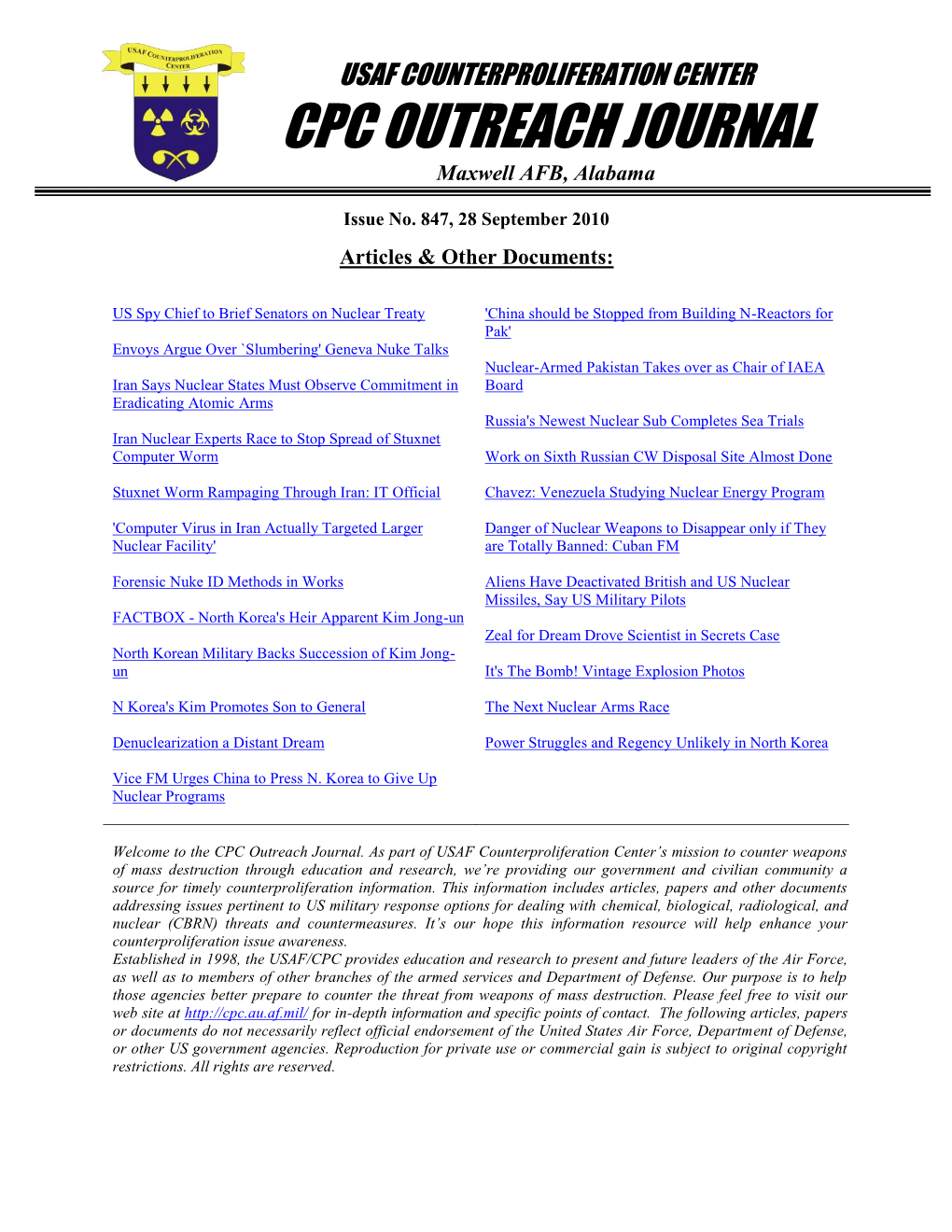 USAF Coutnerproliferation Center CPC Outreach Journal #847