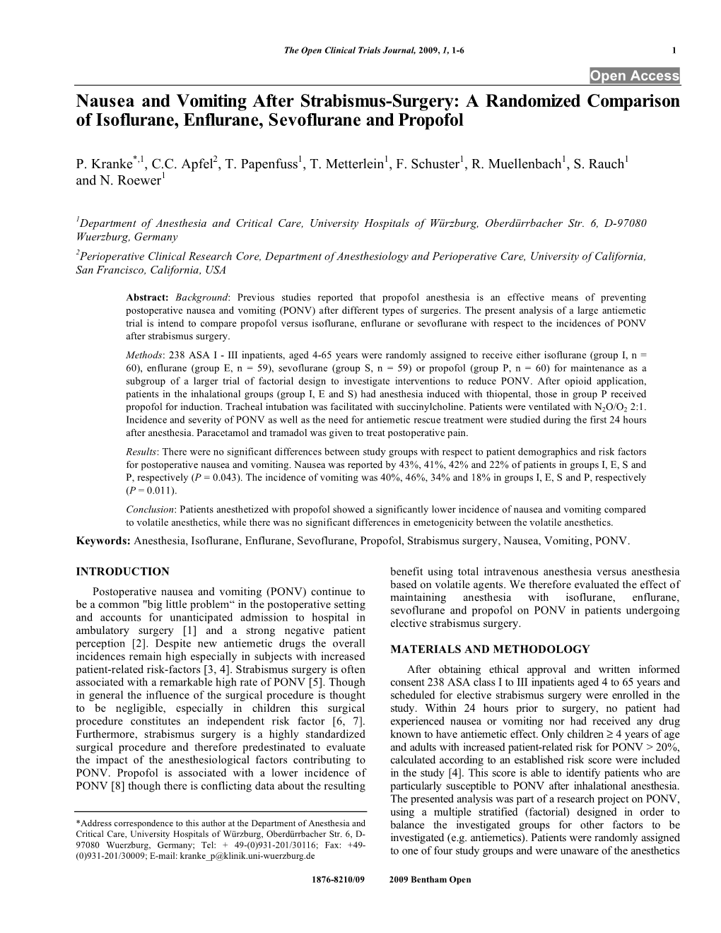 Nausea and Vomiting After Strabismus-Surgery: a Randomized Comparison of Isoflurane, Enflurane, Sevoflurane and Propofol