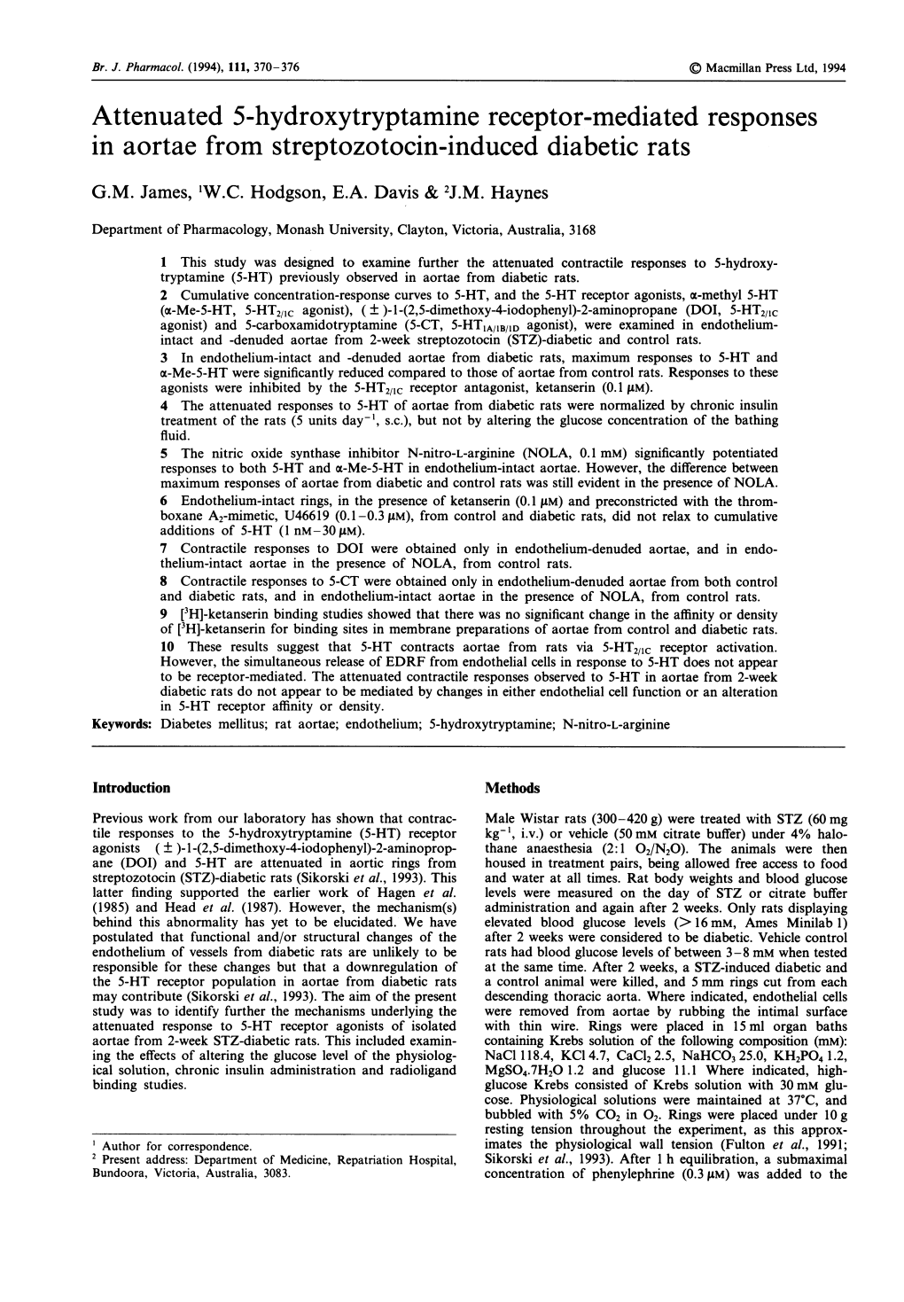 Attenuated 5-Hydroxytryptamine Receptor-Mediated Responses in Aortae from Streptozotocin-Induced Diabetic Rats G.M