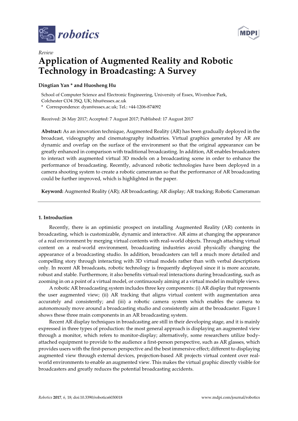 Application of Augmented Reality and Robotic Technology in Broadcasting: a Survey