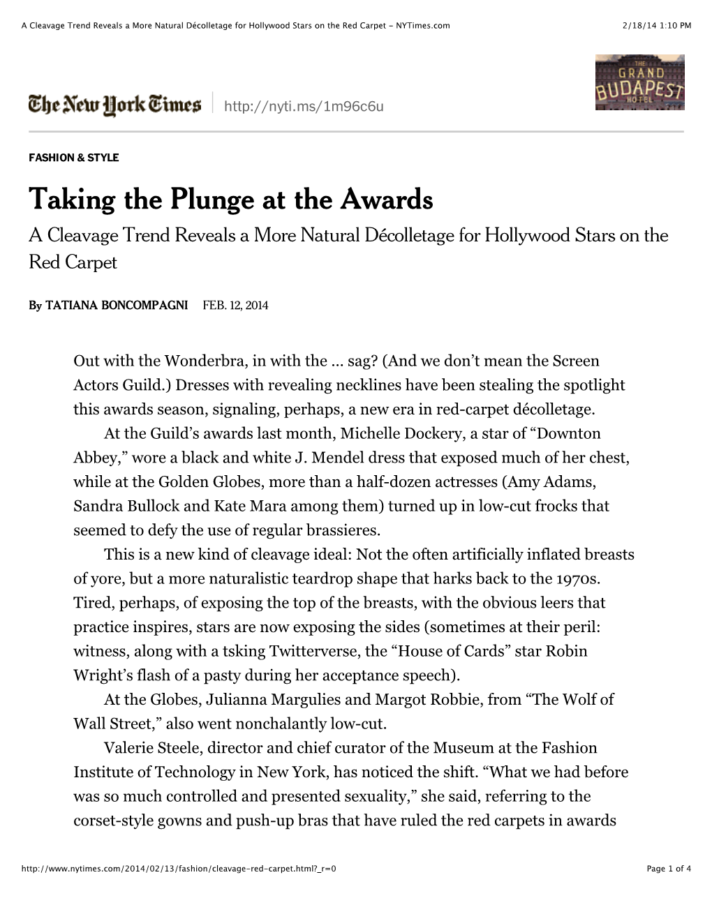 A Cleavage Trend Reveals a More Natural Décolletage for Hollywood Stars on the Red Carpet - Nytimes.Com 2/18/14 1:10 PM