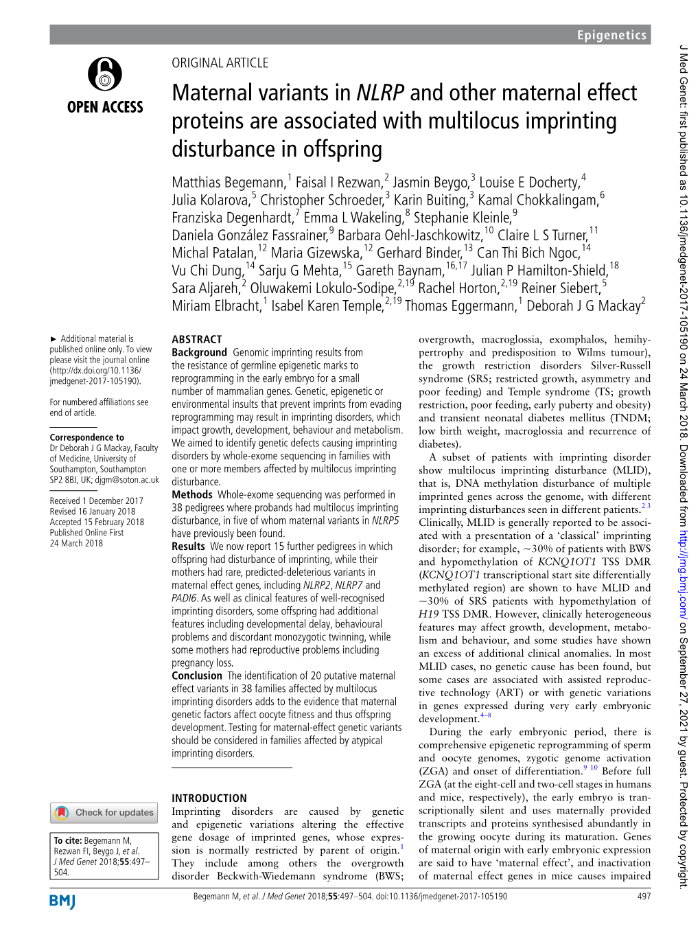 Maternal Variants in NLRP and Other Maternal Effect Proteins Are