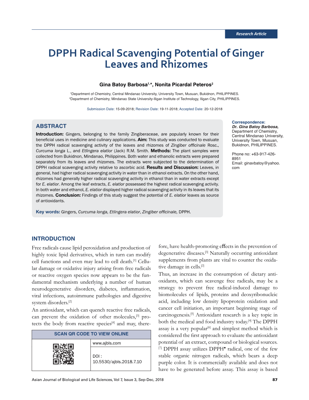 DPPH Radical Scavenging Potential of Ginger Leaves and Rhizomes