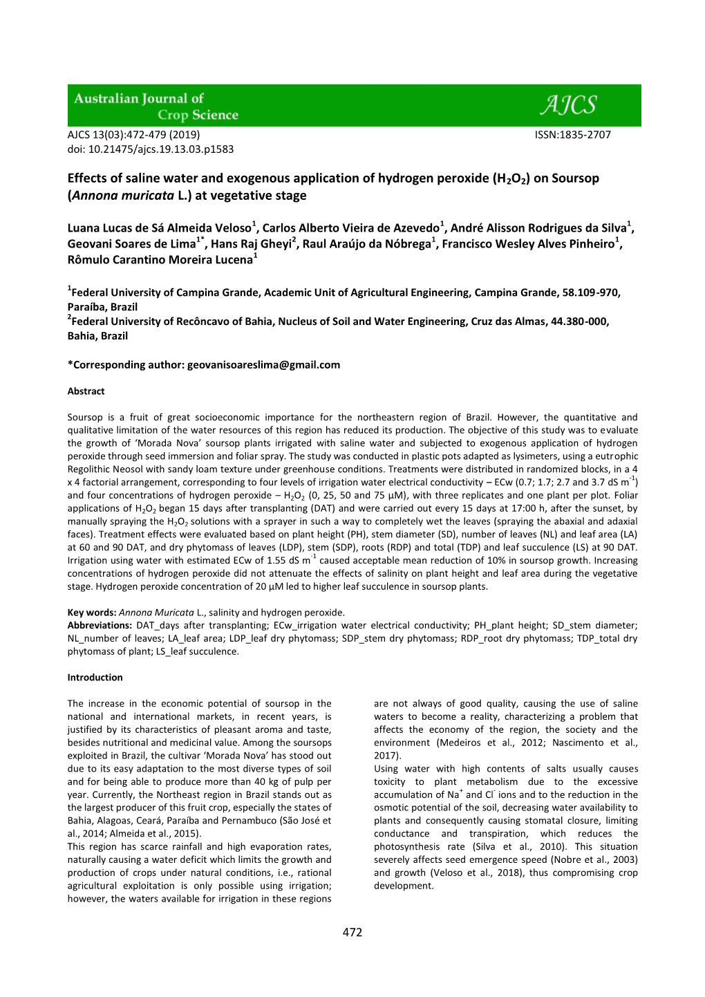 Effects of Saline Water and Exogenous Application of Hydrogen Peroxide (H2O2) on Soursop (Annona Muricata L.) at Vegetative Stage