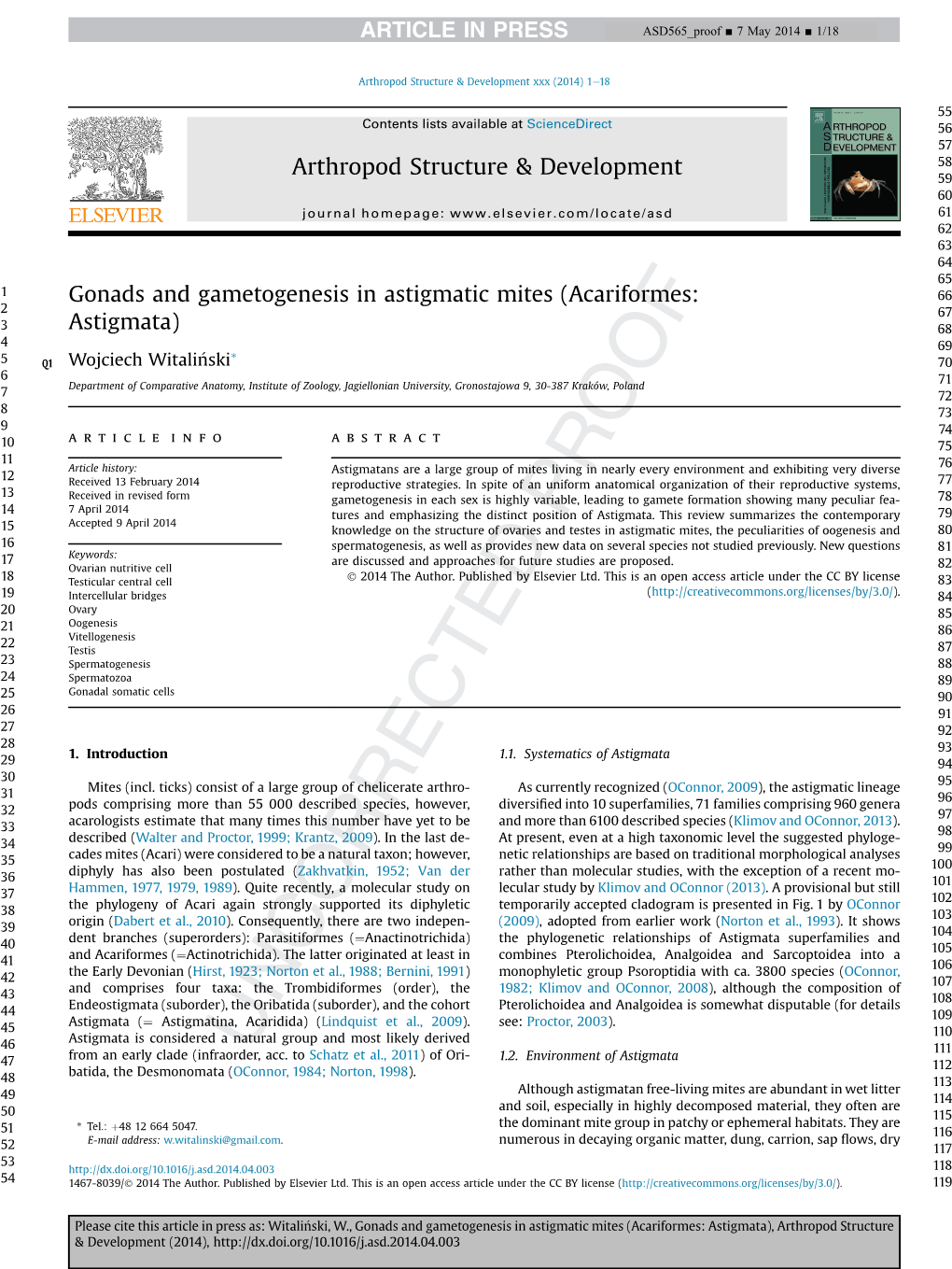 Gonads and Gametogenesis in Astigmatic Mites