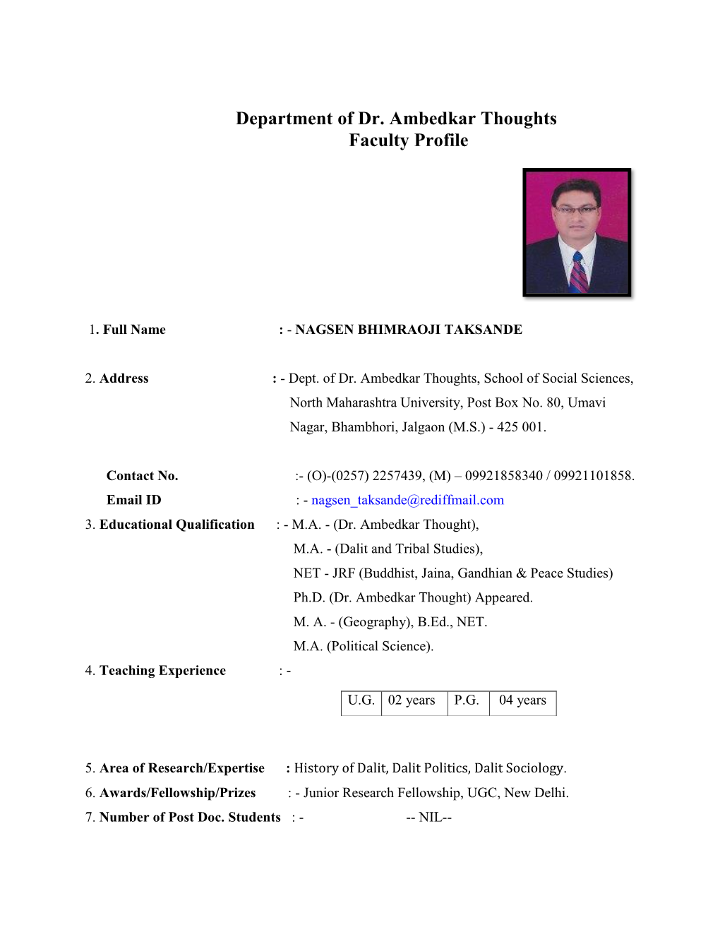 Department of Dr. Ambedkar Thoughts Faculty Profile