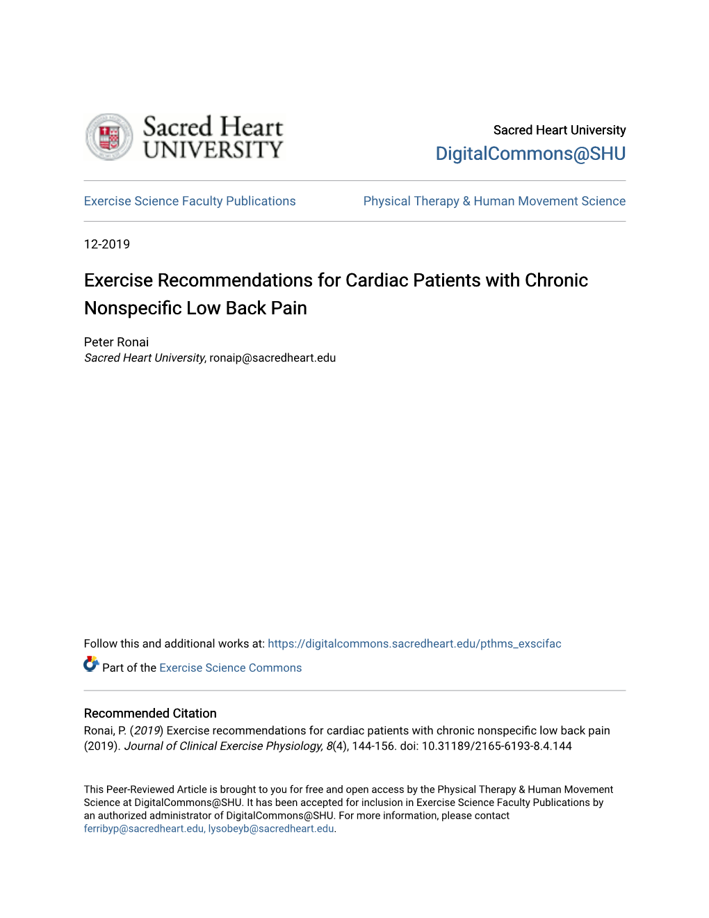 Exercise Recommendations for Cardiac Patients with Chronic Nonspecific Low Back Ainp