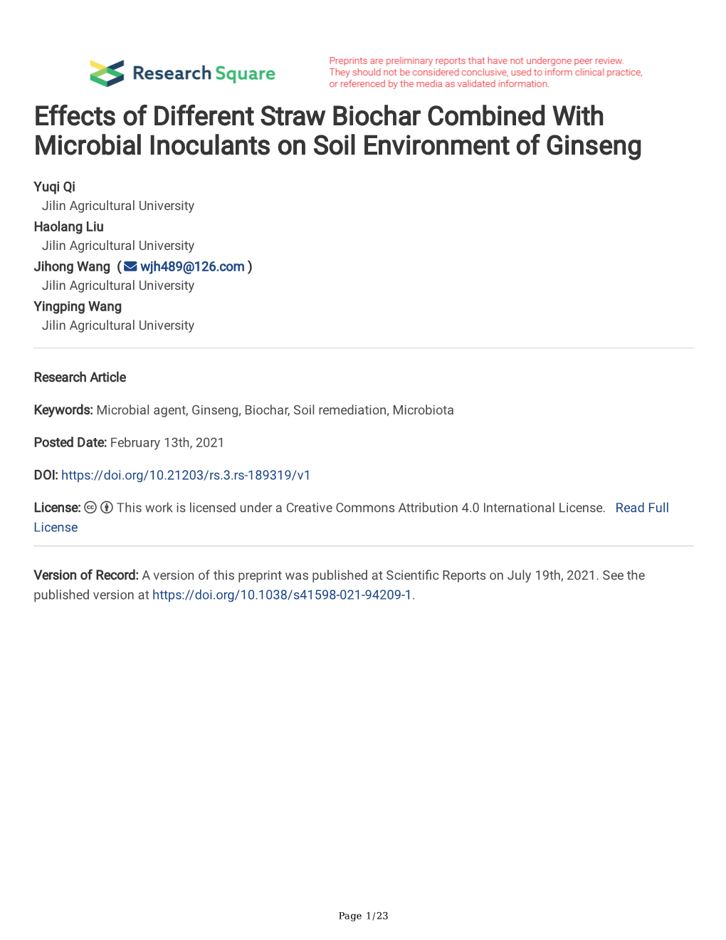 Effects of Different Straw Biochar Combined with Microbial Inoculants on Soil Environment of Ginseng