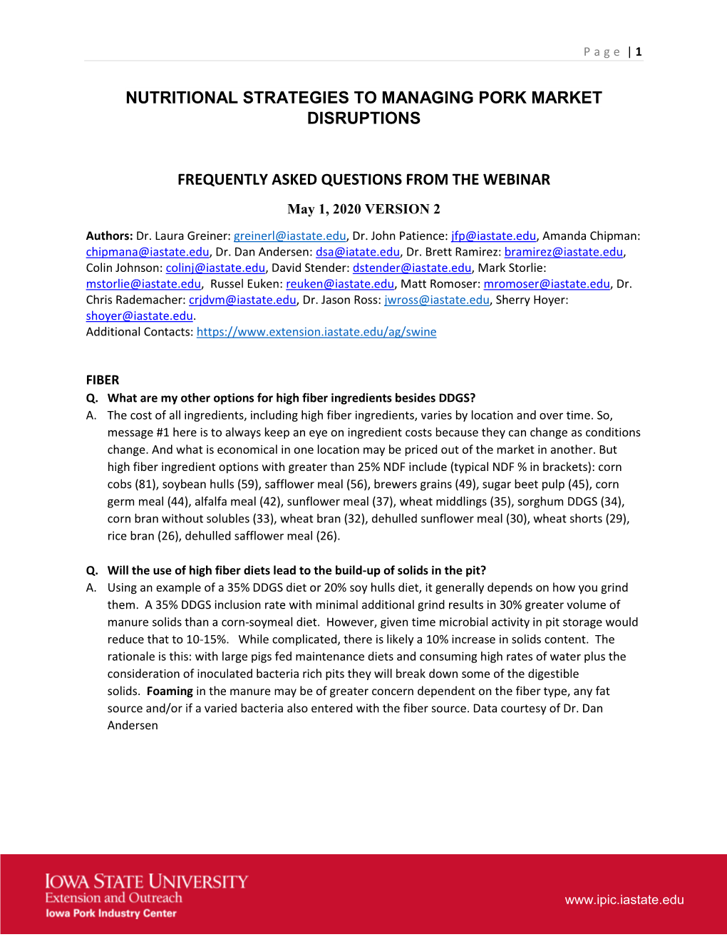 Nutritional Strategies to Managing Pork Market Disruptions Frequently Asked Questions from the Webinar