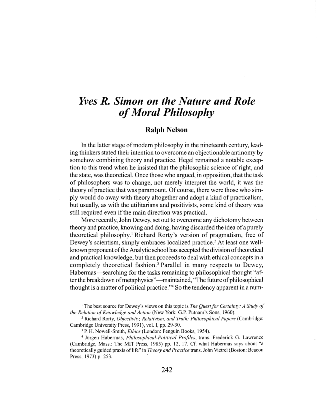 Yves R. Simon on the Nature and Role of Moral Philosophy / Ralph