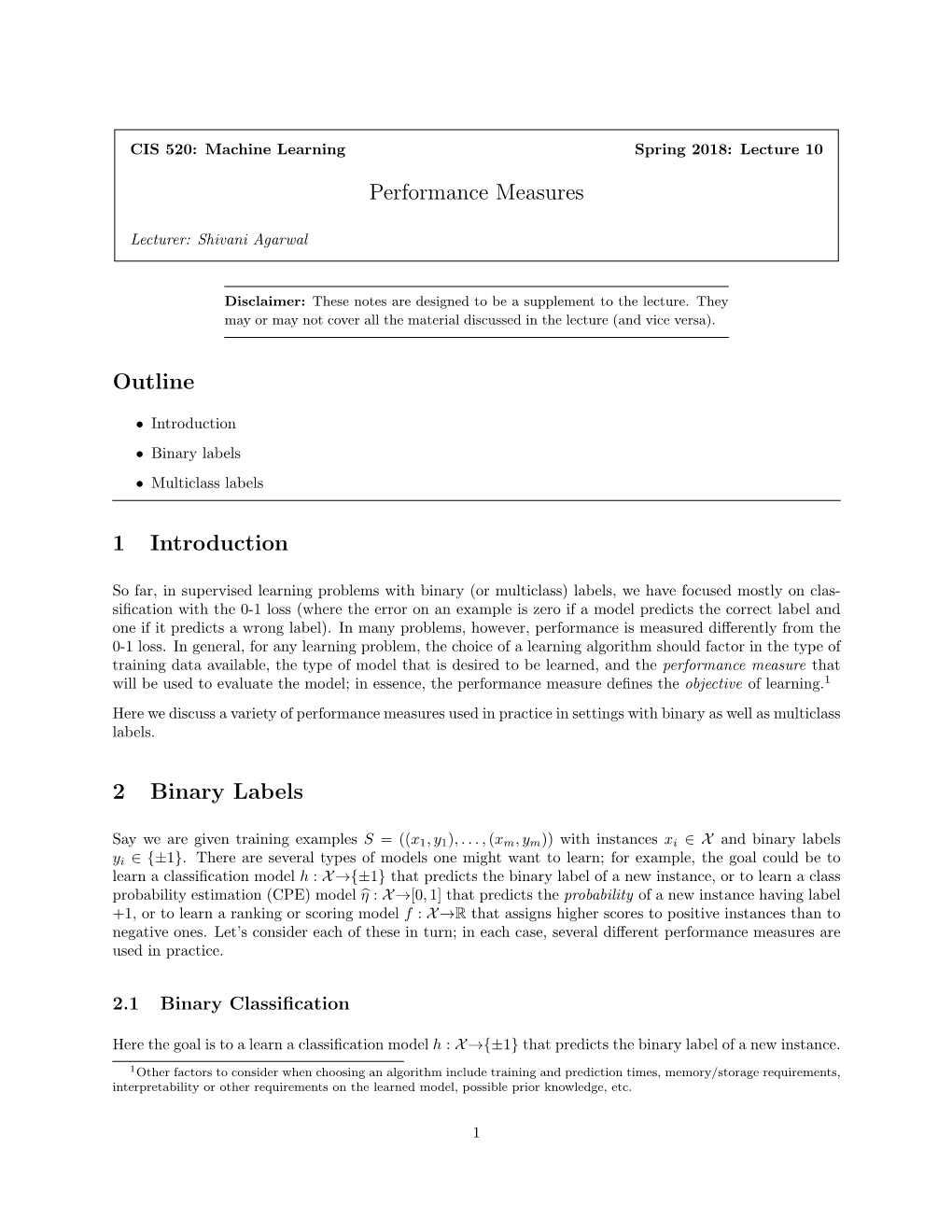 Performance Measures Outline 1 Introduction 2 Binary Labels