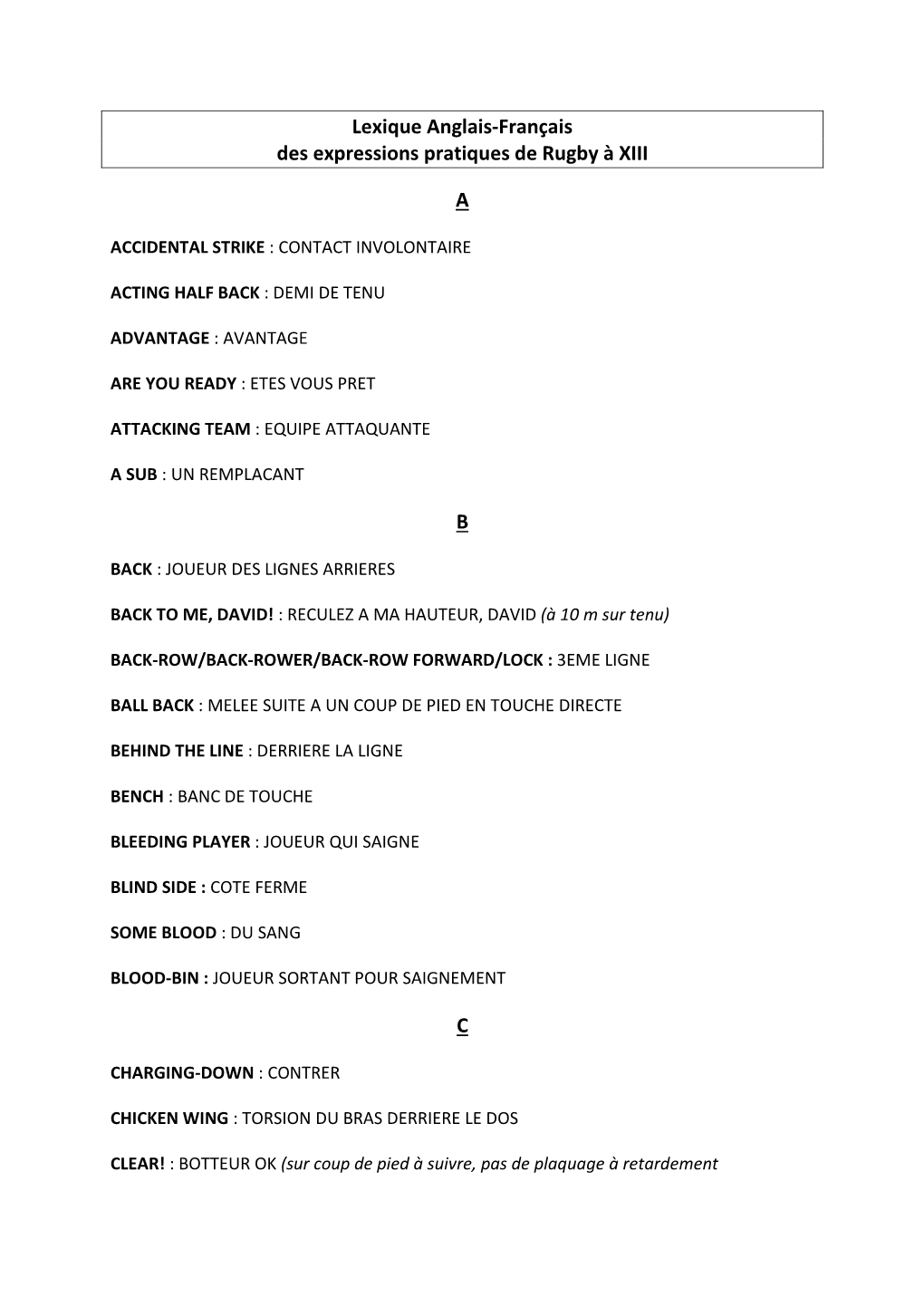 Lexique Anglais-Français Des Expressions Pratiques De Rugby À XIII