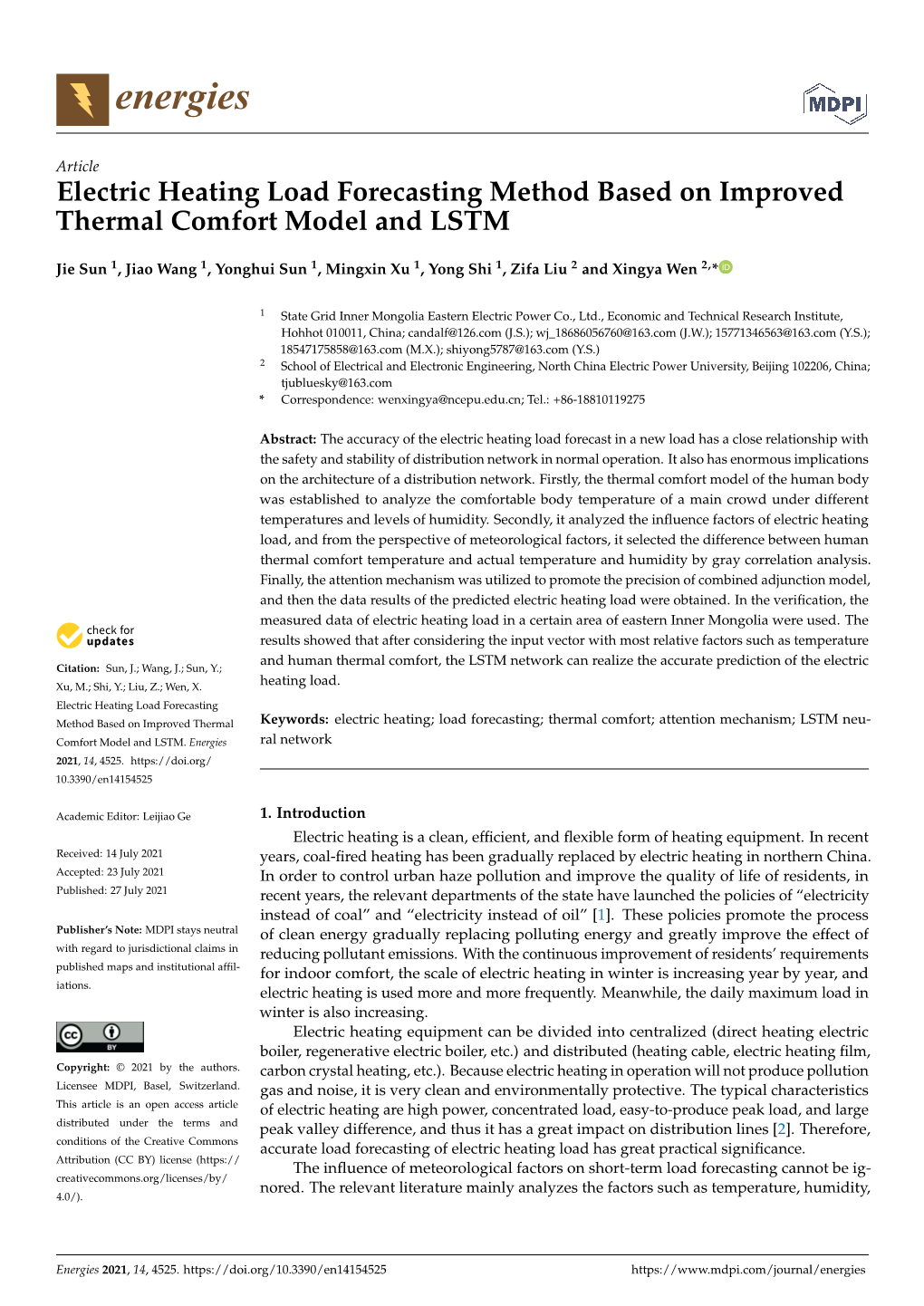 Electric Heating Load Forecasting Method Based on Improved Thermal Comfort Model and LSTM