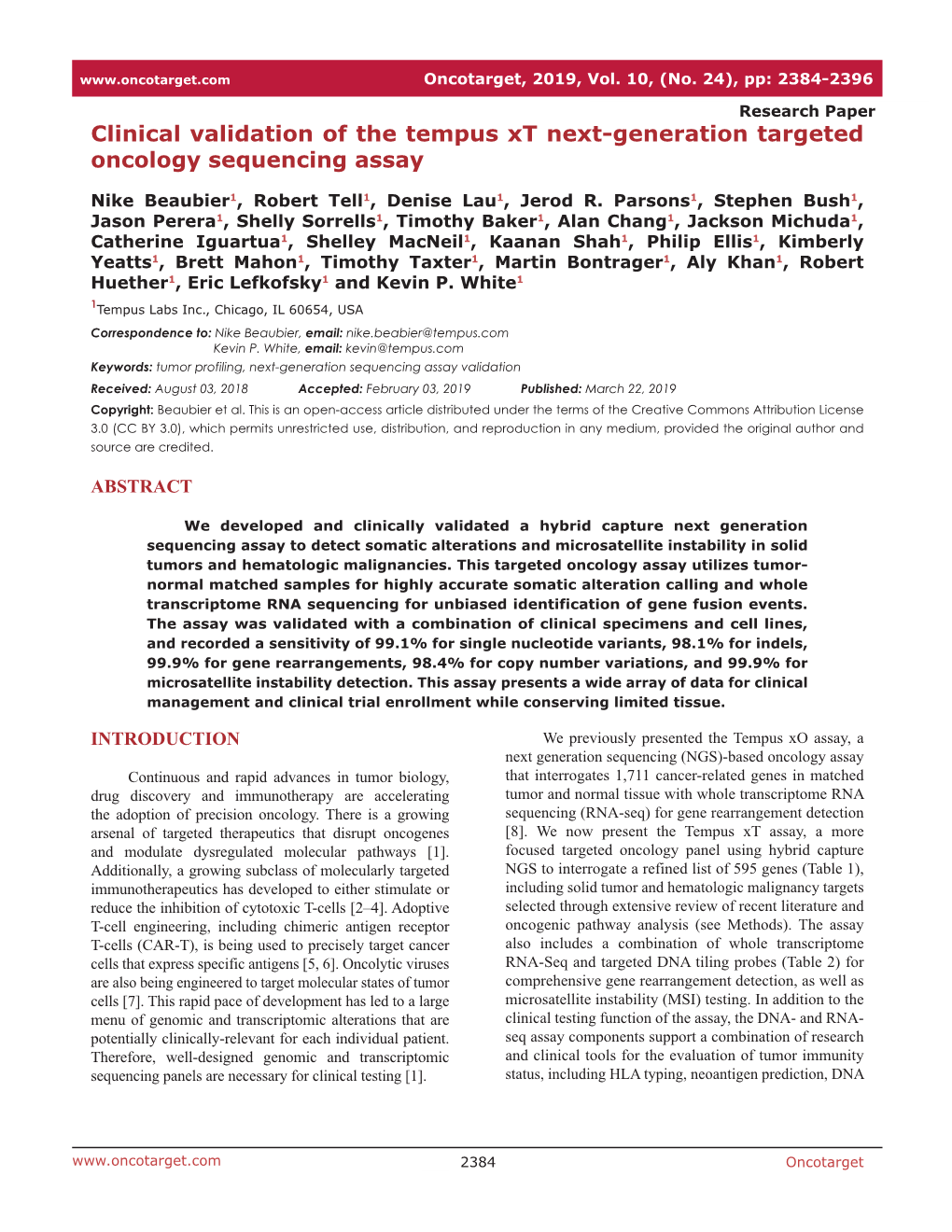 Clinical Validation of the Tempus Xt Next-Generation Targeted Oncology Sequencing Assay