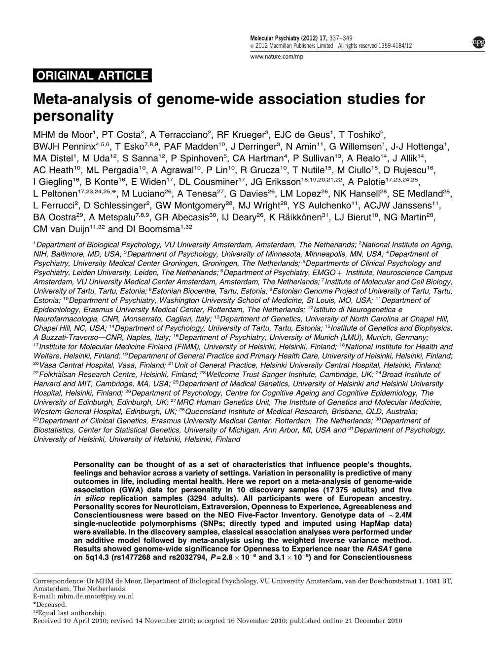 Meta-Analysis of Genome-Wide Association Studies for Personality