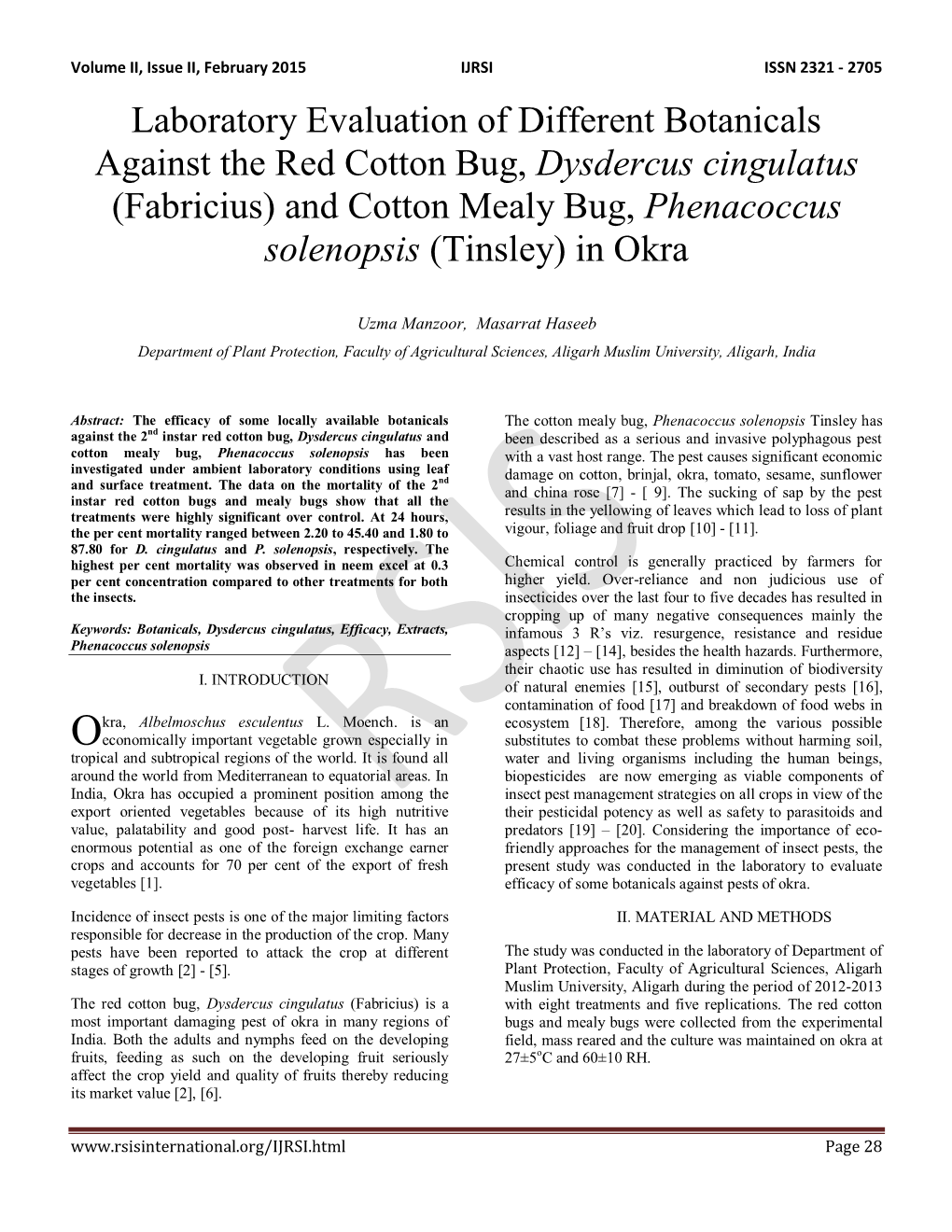 Laboratory Evaluation of Different Botanicals Against the Red Cotton